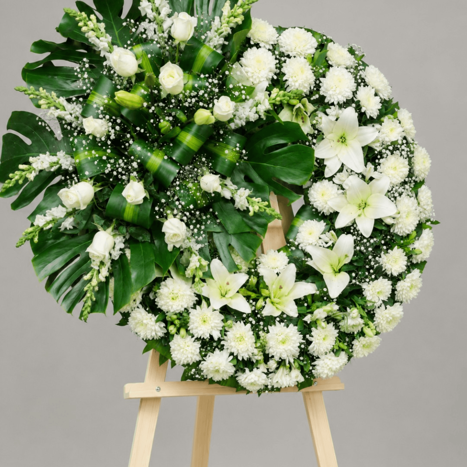 Corona Fúnebre Blanca con Rosas, Lirios y Crisantemos | Envío de Condolencias