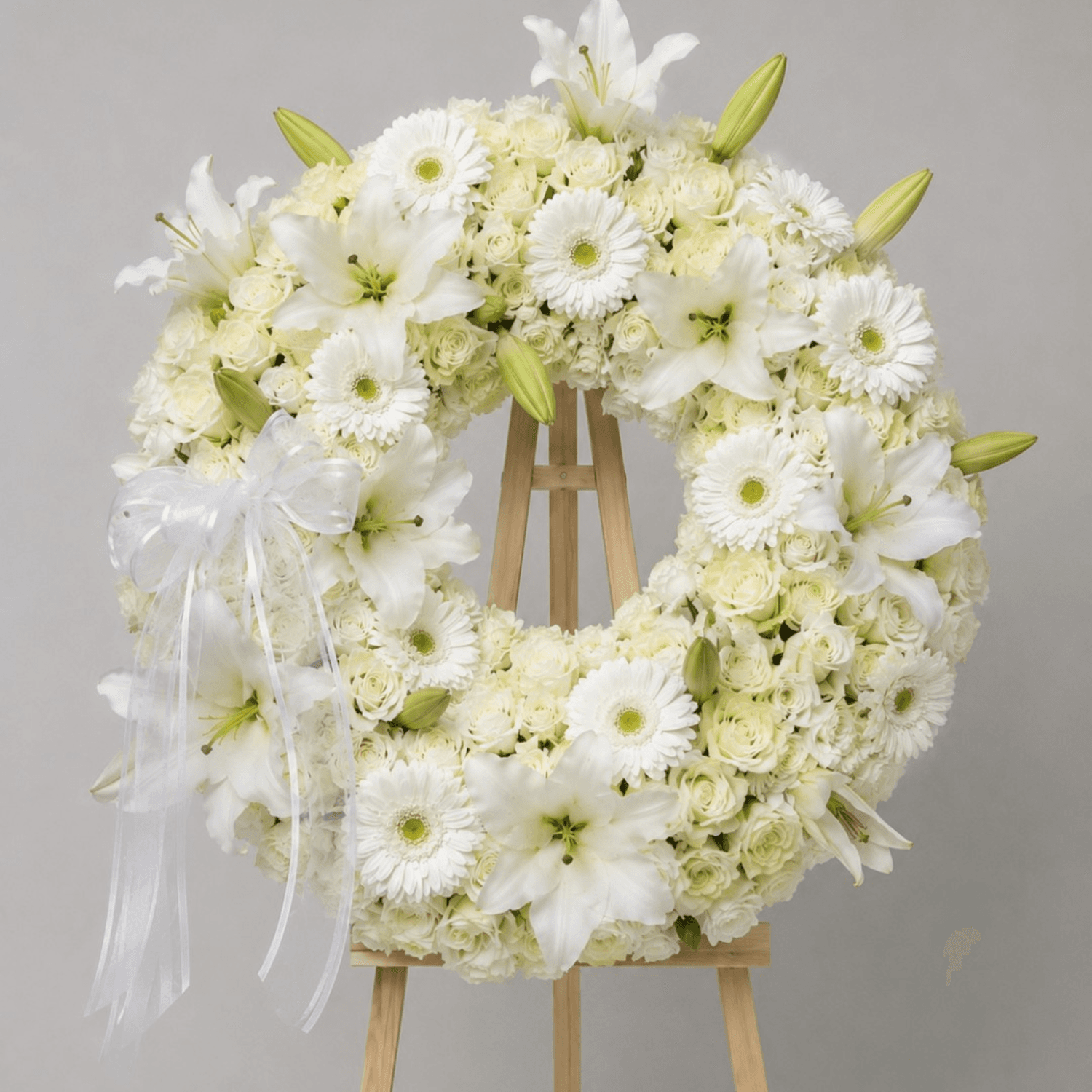 Corona Fúnebre Premium de Rosas Blancas, Lirios y Gerberas | Envío de Condolencias